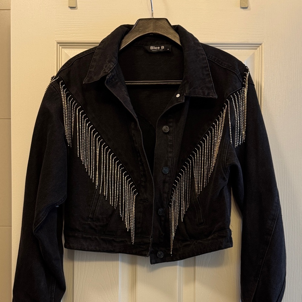 Blue B Black Jean Jacket with Fringe Details